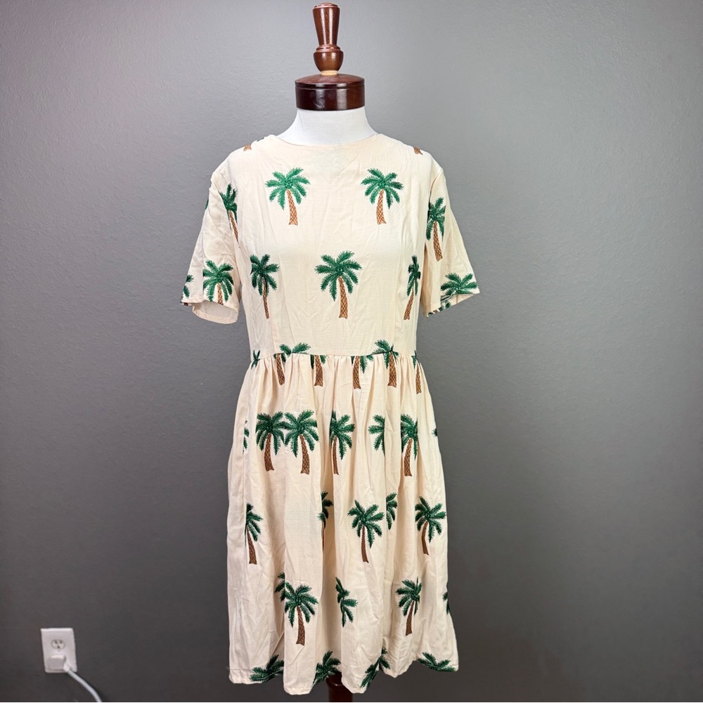 Anthropologie Pepaloves Ivory Embroidered Palm Tree Dress Sz L Vacation Resort